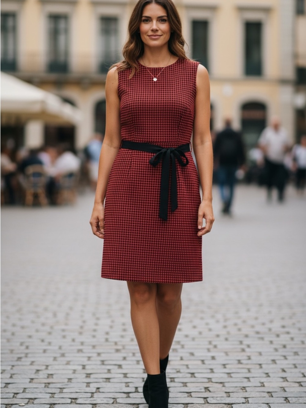 TRISTAN womens Red Sleeveless Sheath Dress with Black Waist Tie size 6